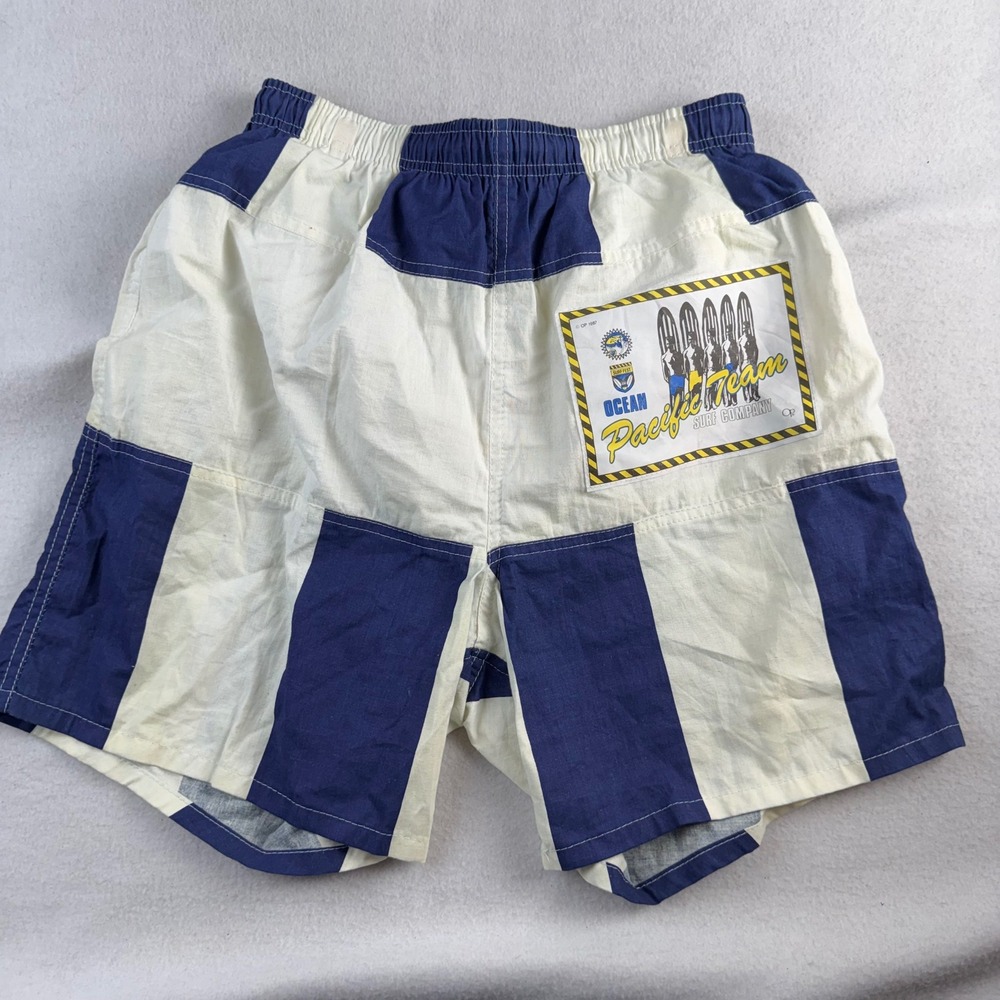Vintage 1987 Ocean Pacific OP Surf Team Striped Shorts Blue White Mens Medium